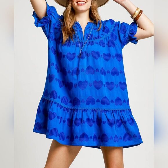 Umgee USA Hearts  Short Sleeve Ruffle Babydoll Dress Deep Blue Sz S [2-4] - Picture 1 of 7